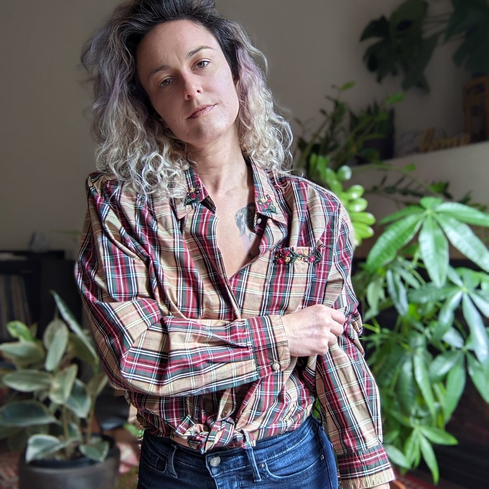 Karen Scott Vintage Plaid Button Down Blouse with Embroidered Embellishments